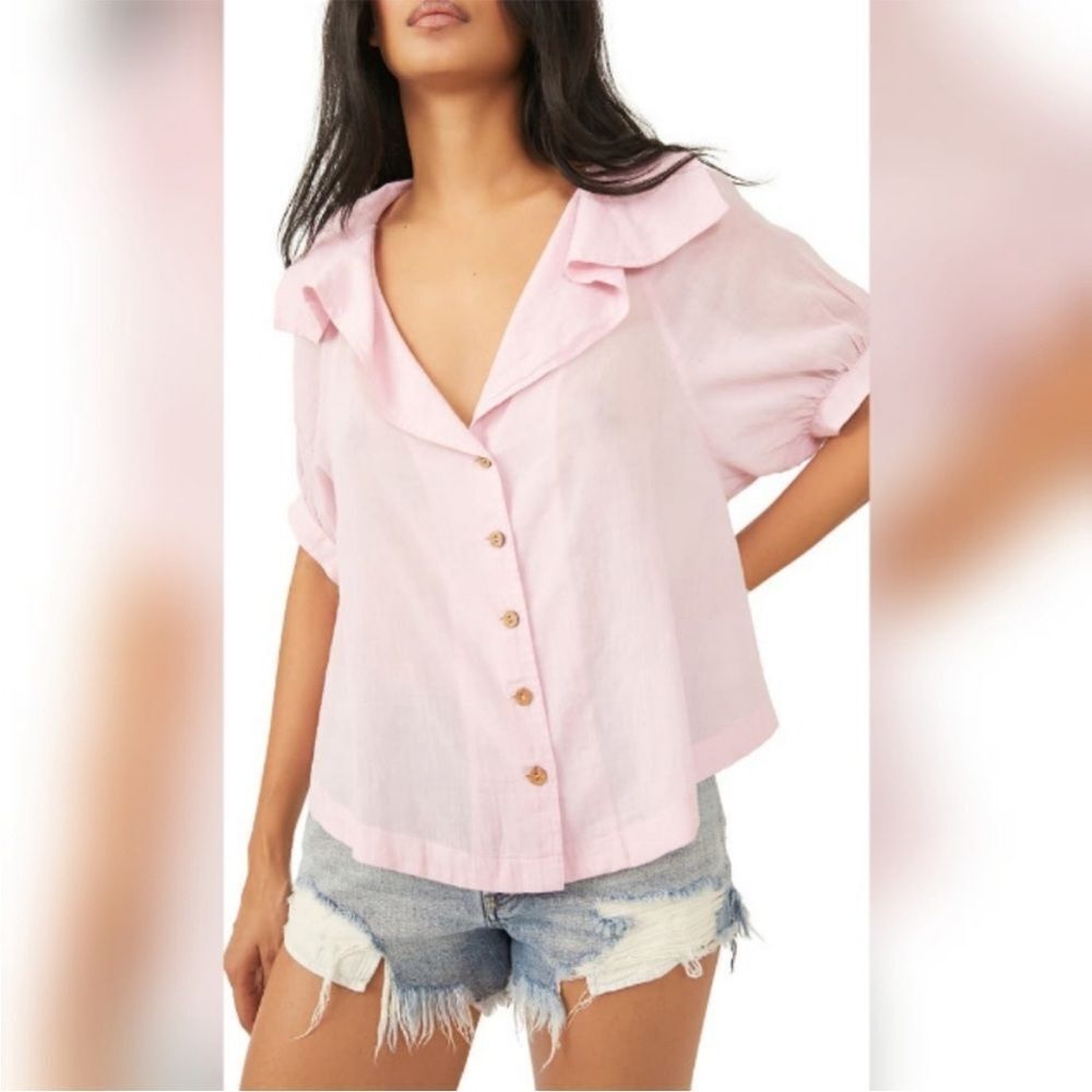 Free People Pink Button-Front Linen Blend Blouse